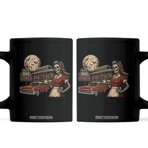 Route Highway 666 Diner Skeleton Waitress Coffee Mug Vintage Spooky Halloween Road Trip