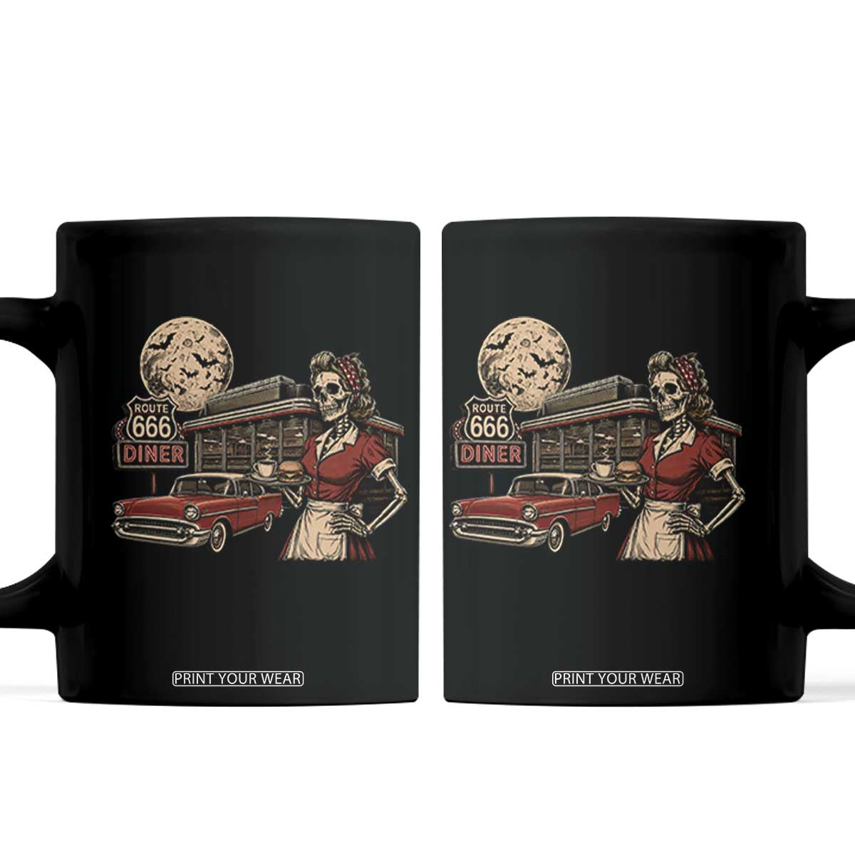 Route Highway 666 Diner Skeleton Waitress Coffee Mug Vintage Spooky Halloween Road Trip