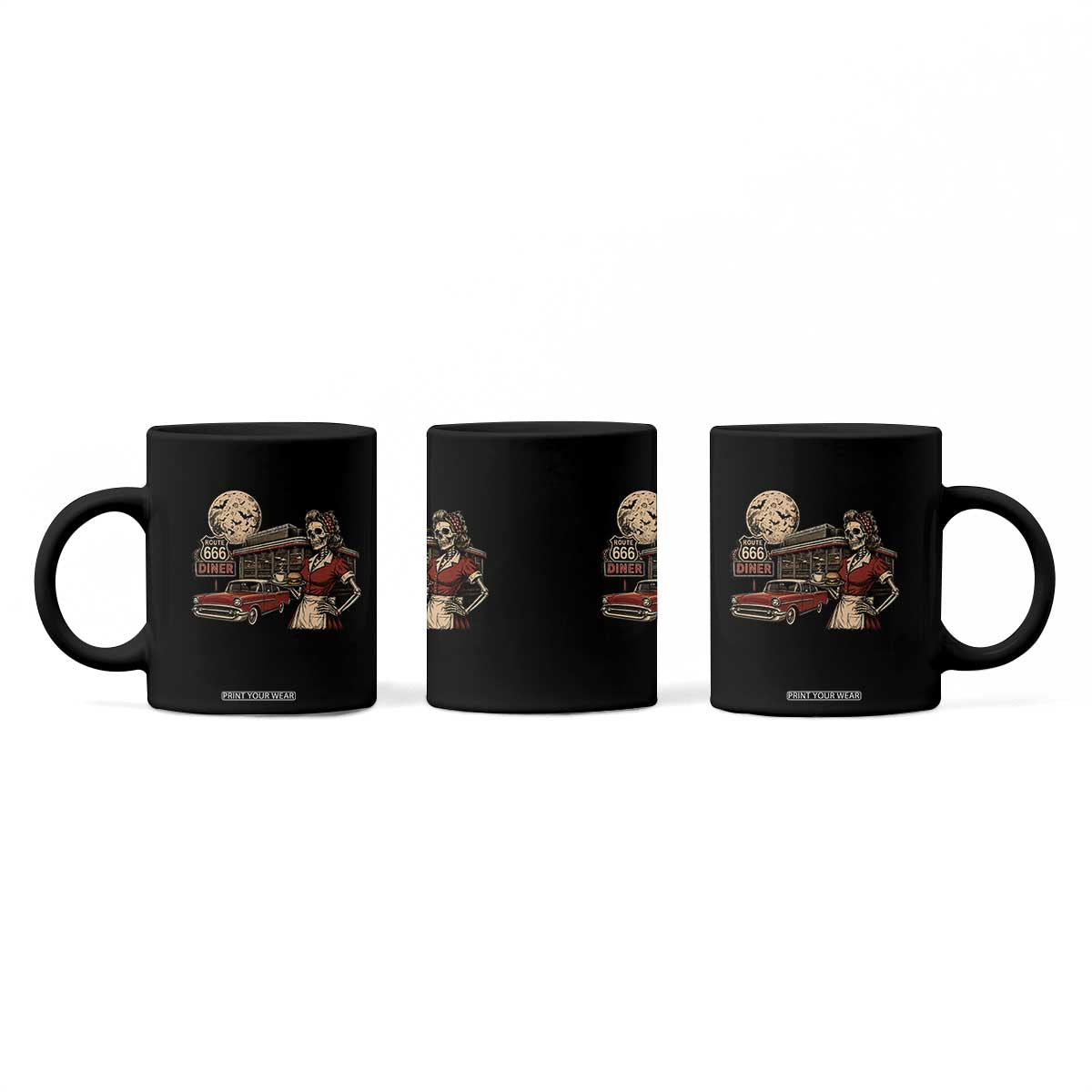 Route Highway 666 Diner Skeleton Waitress Coffee Mug Vintage Spooky Halloween Road Trip