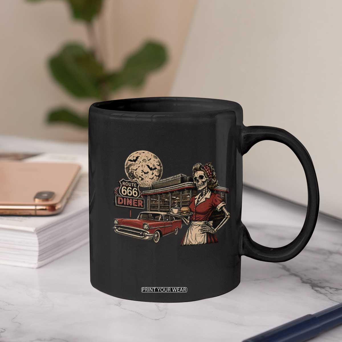 Route Highway 666 Diner Skeleton Waitress Coffee Mug Vintage Spooky Halloween Road Trip
