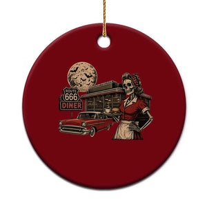 Route Highway 666 Diner Skeleton Waitress Ceramic Ornament Vintage Spooky Halloween Road Trip