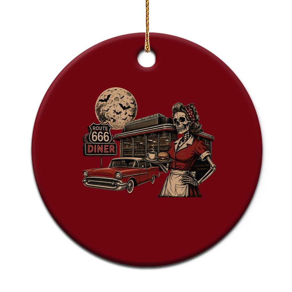 Route Highway 666 Diner Skeleton Waitress Ceramic Ornament Vintage Spooky Halloween Road Trip