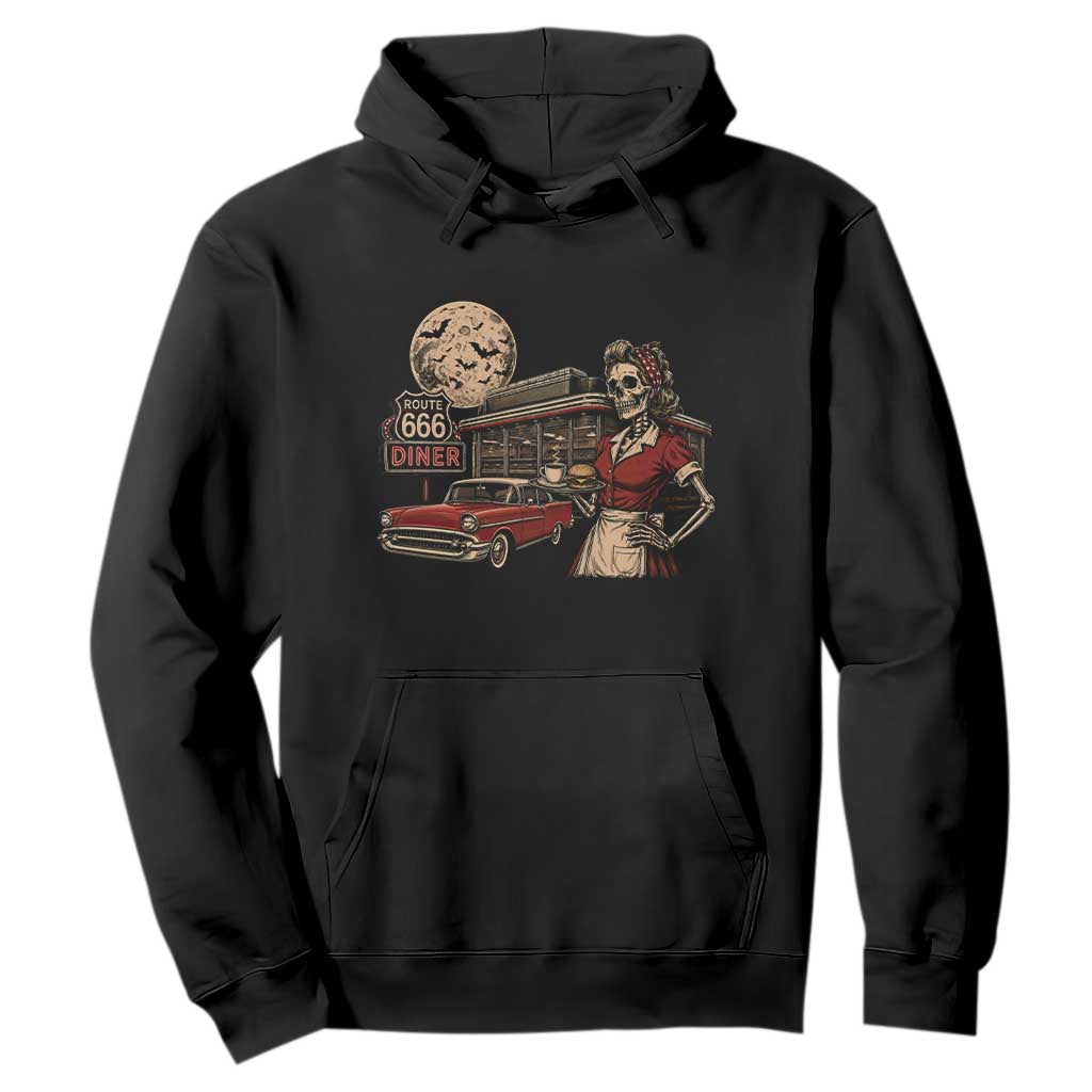 Route Highway 666 Diner Skeleton Waitress Hoodie Vintage Spooky Halloween Road Trip