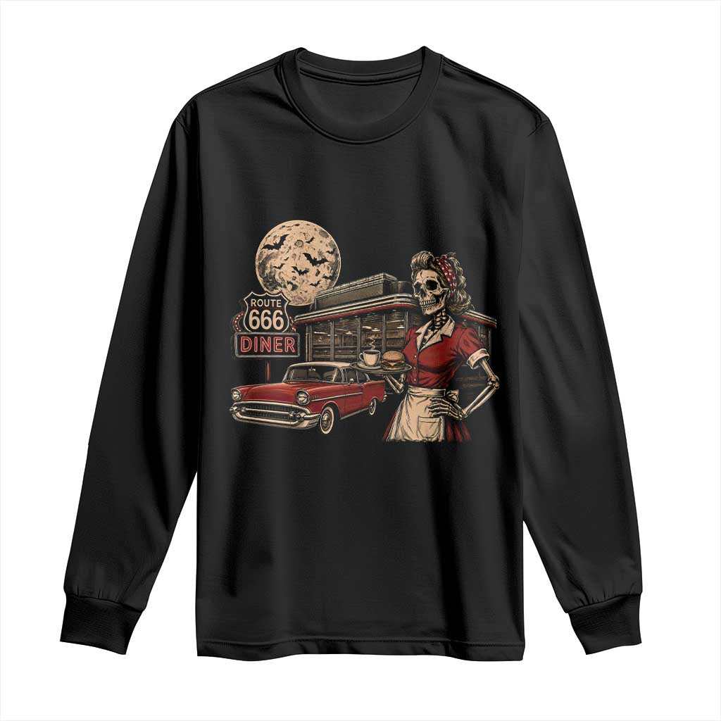 Route Highway 666 Diner Skeleton Waitress Long Sleeve Shirt Vintage Spooky Halloween Road Trip