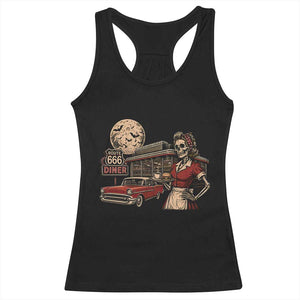 Route Highway 666 Diner Skeleton Waitress Racerback Tank Top Vintage Spooky Halloween Road Trip