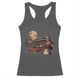 Route Highway 666 Diner Skeleton Waitress Racerback Tank Top Vintage Spooky Halloween Road Trip