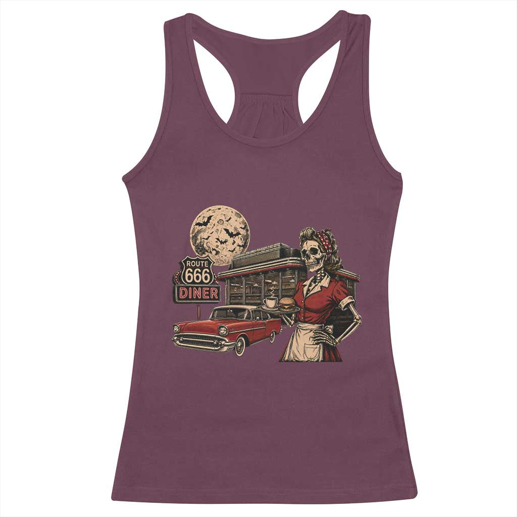 Route Highway 666 Diner Skeleton Waitress Racerback Tank Top Vintage Spooky Halloween Road Trip