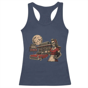 Route Highway 666 Diner Skeleton Waitress Racerback Tank Top Vintage Spooky Halloween Road Trip