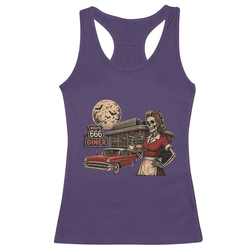 Route Highway 666 Diner Skeleton Waitress Racerback Tank Top Vintage Spooky Halloween Road Trip
