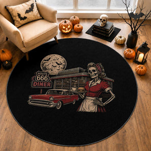 Route Highway 666 Diner Skeleton Waitress Round Rug Vintage Spooky Halloween Road Trip