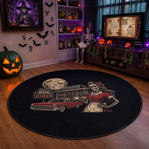 Route Highway 666 Diner Skeleton Waitress Round Rug Vintage Spooky Halloween Road Trip