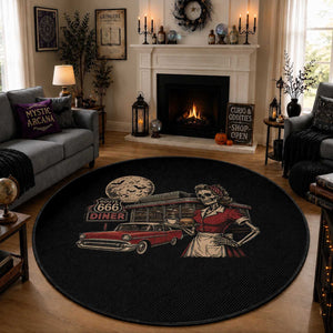Route Highway 666 Diner Skeleton Waitress Round Rug Vintage Spooky Halloween Road Trip