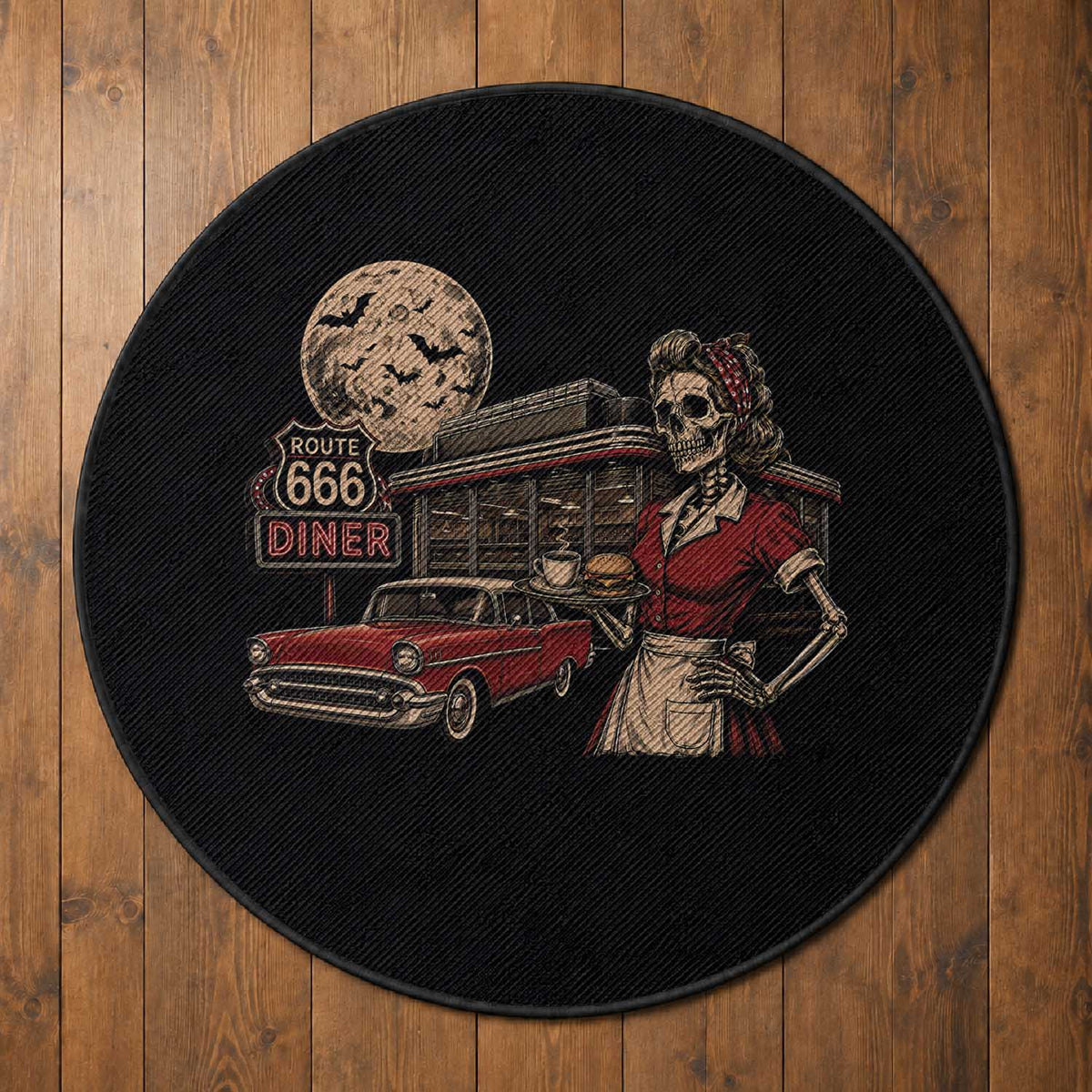 Route Highway 666 Diner Skeleton Waitress Round Rug Vintage Spooky Halloween Road Trip