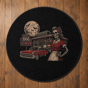 Route Highway 666 Diner Skeleton Waitress Round Rug Vintage Spooky Halloween Road Trip