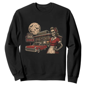 Route Highway 666 Diner Skeleton Waitress Sweatshirt Vintage Spooky Halloween Road Trip