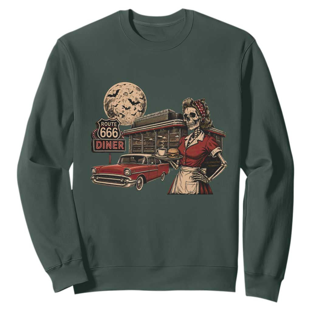 Route Highway 666 Diner Skeleton Waitress Sweatshirt Vintage Spooky Halloween Road Trip
