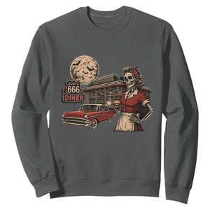 Route Highway 666 Diner Skeleton Waitress Sweatshirt Vintage Spooky Halloween Road Trip