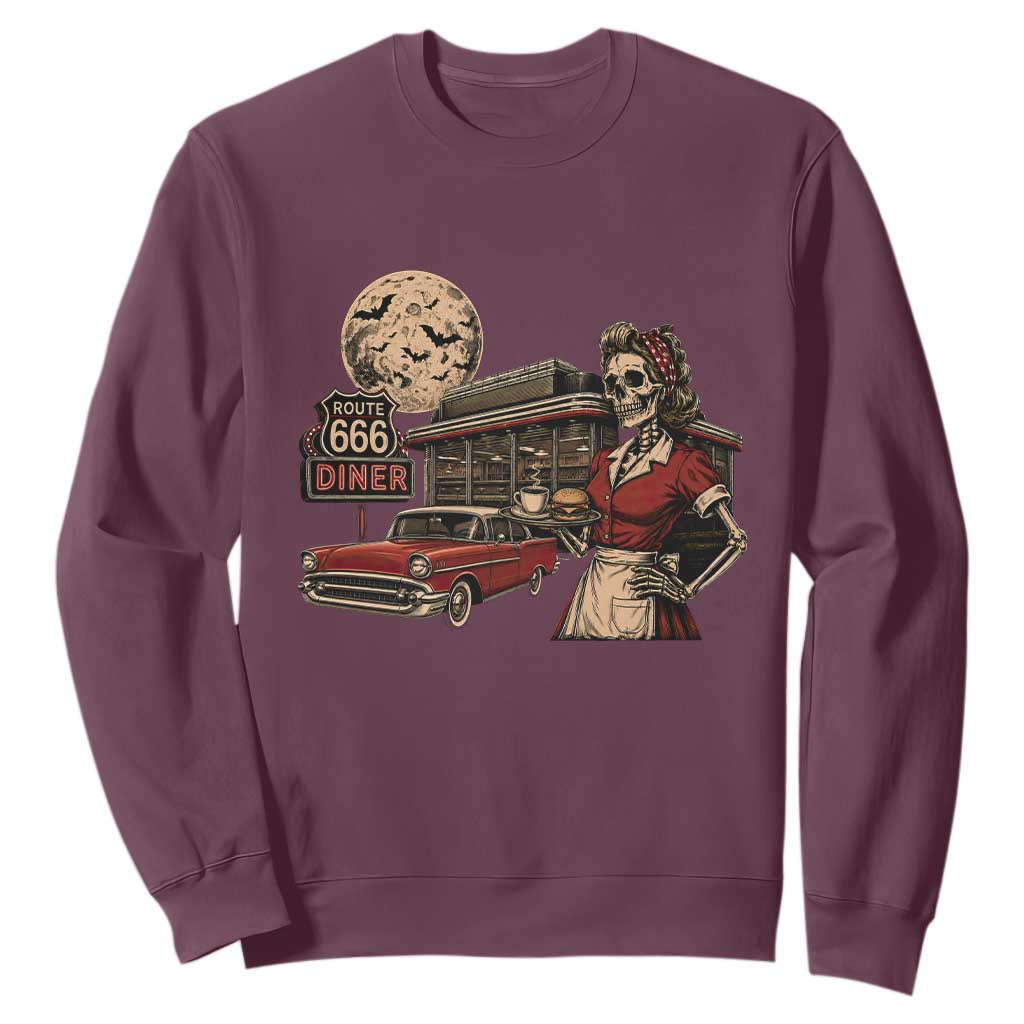 Route Highway 666 Diner Skeleton Waitress Sweatshirt Vintage Spooky Halloween Road Trip
