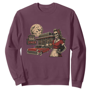 Route Highway 666 Diner Skeleton Waitress Sweatshirt Vintage Spooky Halloween Road Trip