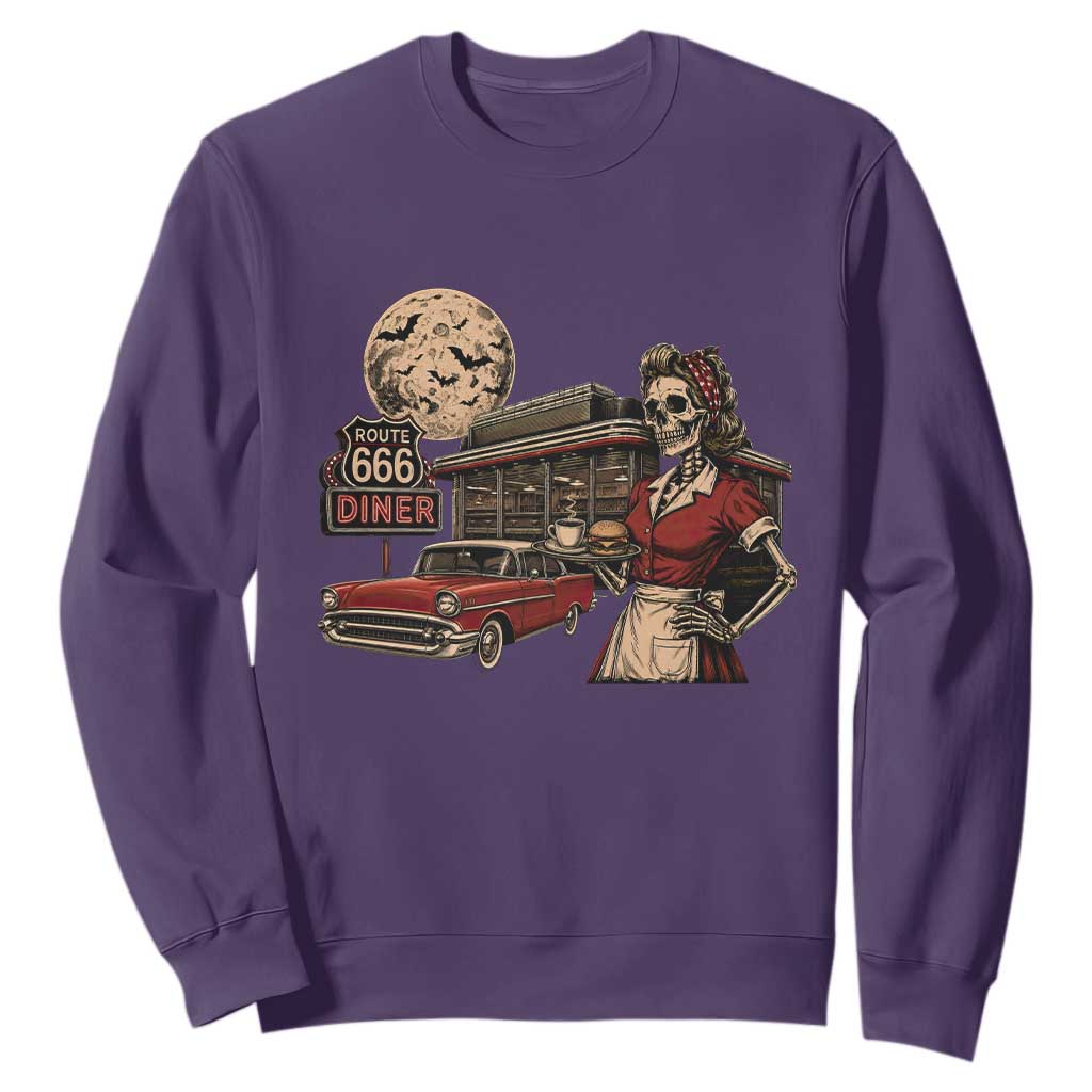 Route Highway 666 Diner Skeleton Waitress Sweatshirt Vintage Spooky Halloween Road Trip
