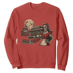 Route Highway 666 Diner Skeleton Waitress Sweatshirt Vintage Spooky Halloween Road Trip