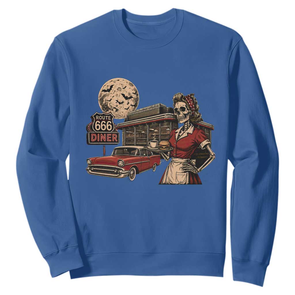 Route Highway 666 Diner Skeleton Waitress Sweatshirt Vintage Spooky Halloween Road Trip
