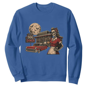 Route Highway 666 Diner Skeleton Waitress Sweatshirt Vintage Spooky Halloween Road Trip