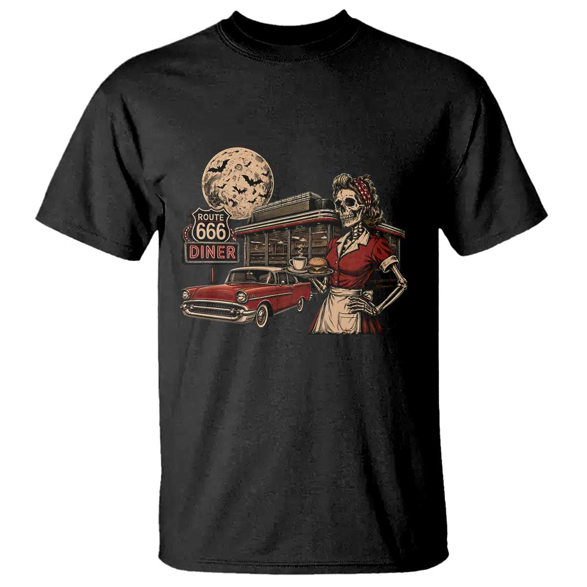 Route Highway 666 Diner Skeleton Waitress T Shirt Vintage Spooky Halloween Road Trip