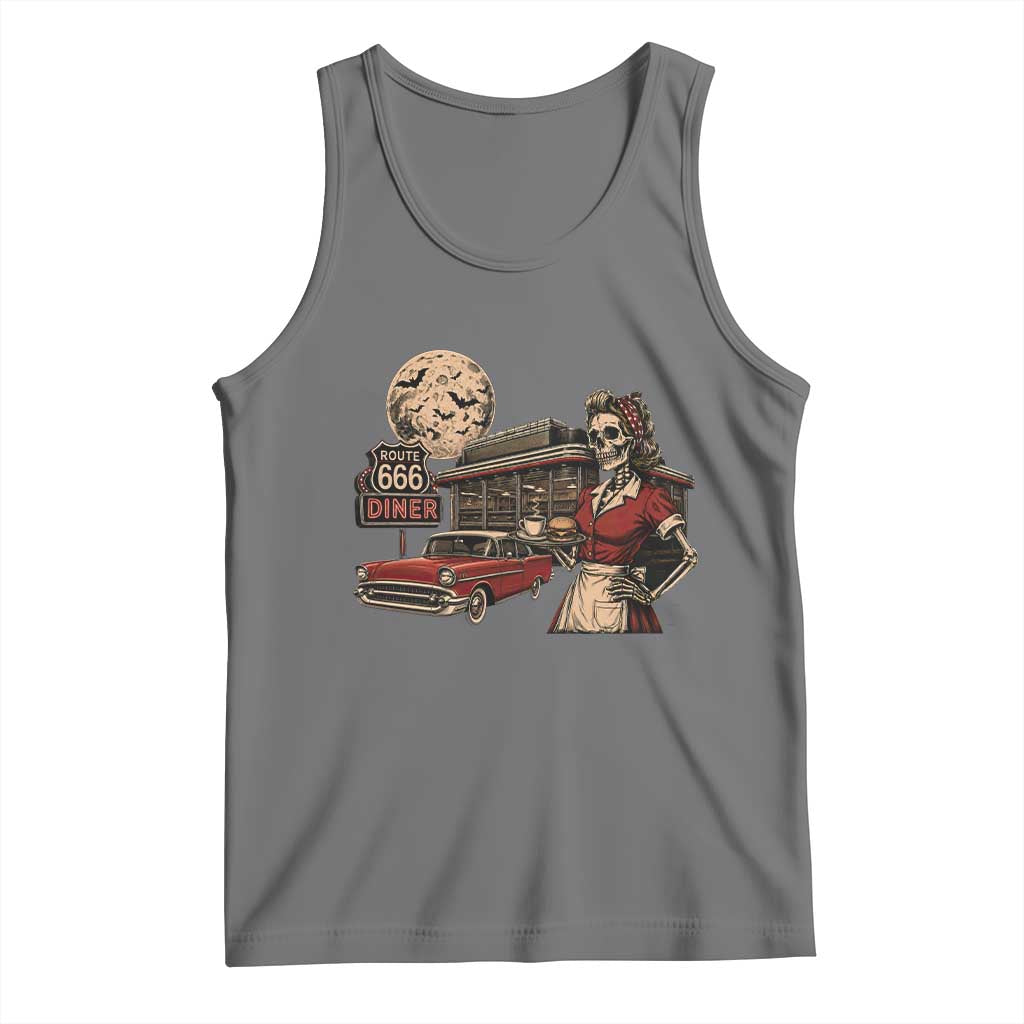 Route Highway 666 Diner Skeleton Waitress Tank Top Vintage Spooky Halloween Road Trip