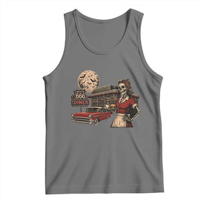 Route Highway 666 Diner Skeleton Waitress Tank Top Vintage Spooky Halloween Road Trip