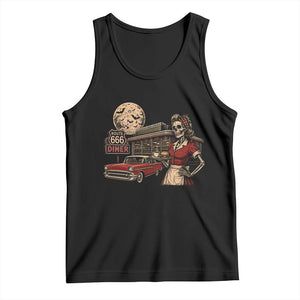 Route Highway 666 Diner Skeleton Waitress Tank Top Vintage Spooky Halloween Road Trip