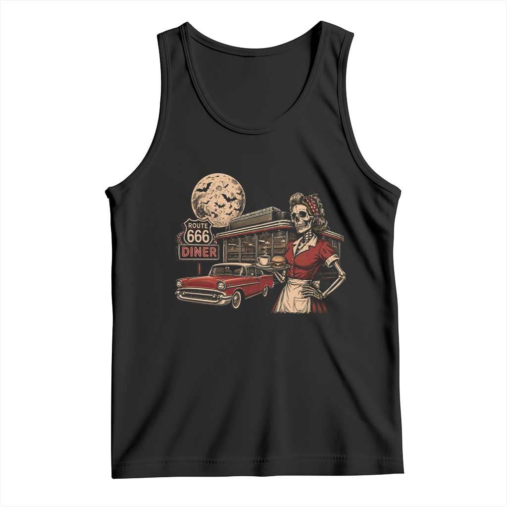 Route Highway 666 Diner Skeleton Waitress Tank Top Vintage Spooky Halloween Road Trip