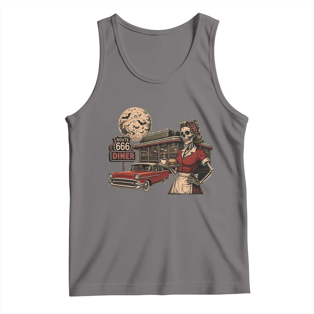 Route Highway 666 Diner Skeleton Waitress Tank Top Vintage Spooky Halloween Road Trip