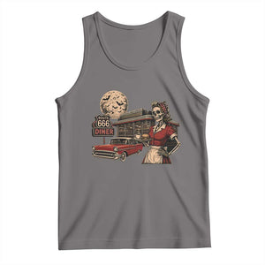 Route Highway 666 Diner Skeleton Waitress Tank Top Vintage Spooky Halloween Road Trip
