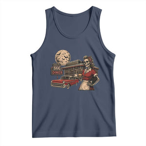 Route Highway 666 Diner Skeleton Waitress Tank Top Vintage Spooky Halloween Road Trip