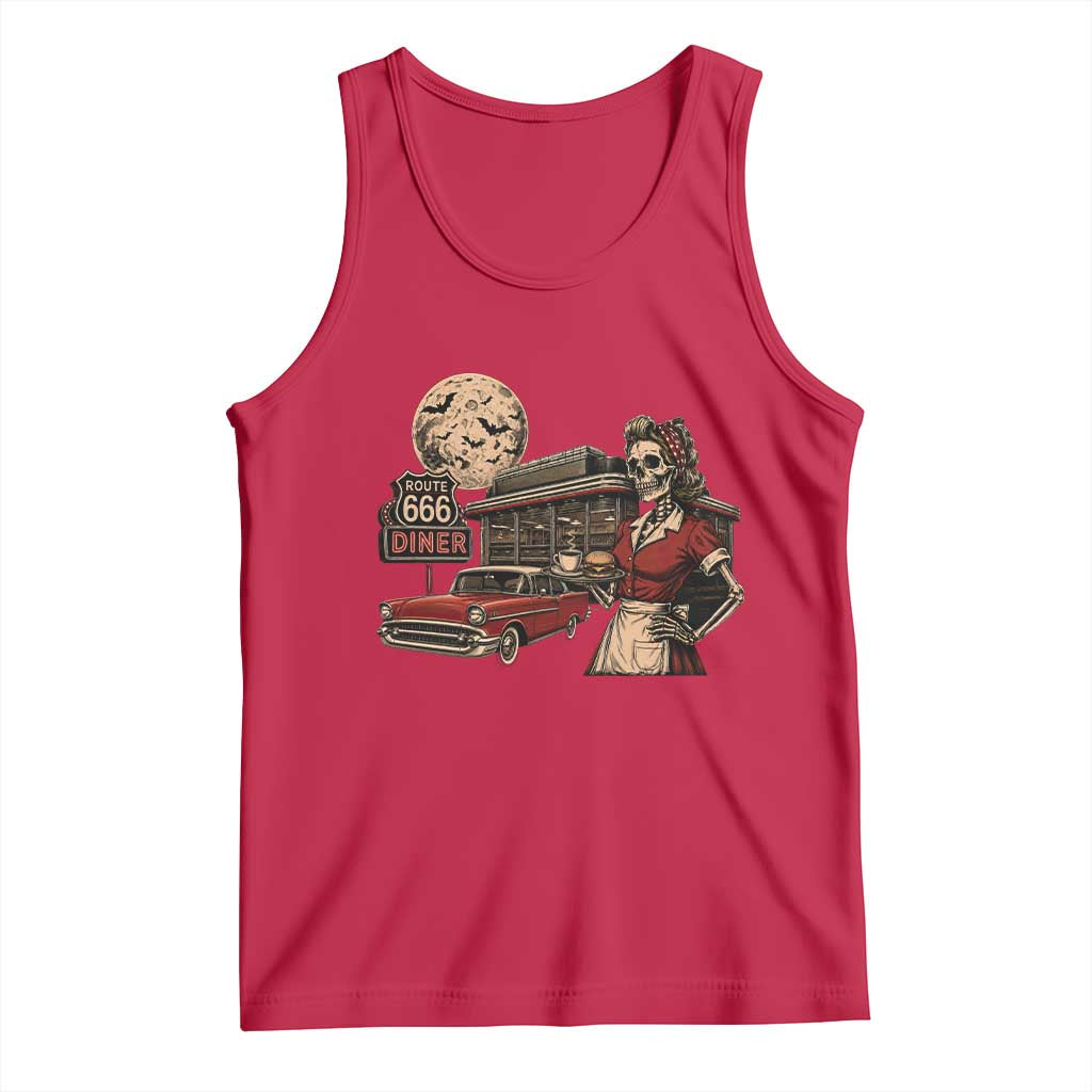 Route Highway 666 Diner Skeleton Waitress Tank Top Vintage Spooky Halloween Road Trip