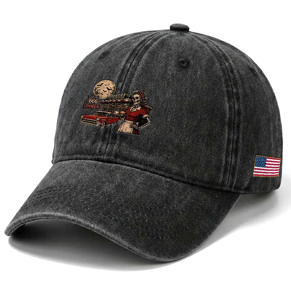 Route Highway 666 Diner Skeleton Waitress Washed Cotton Baseball Cap Vintage Spooky Halloween Road Trip