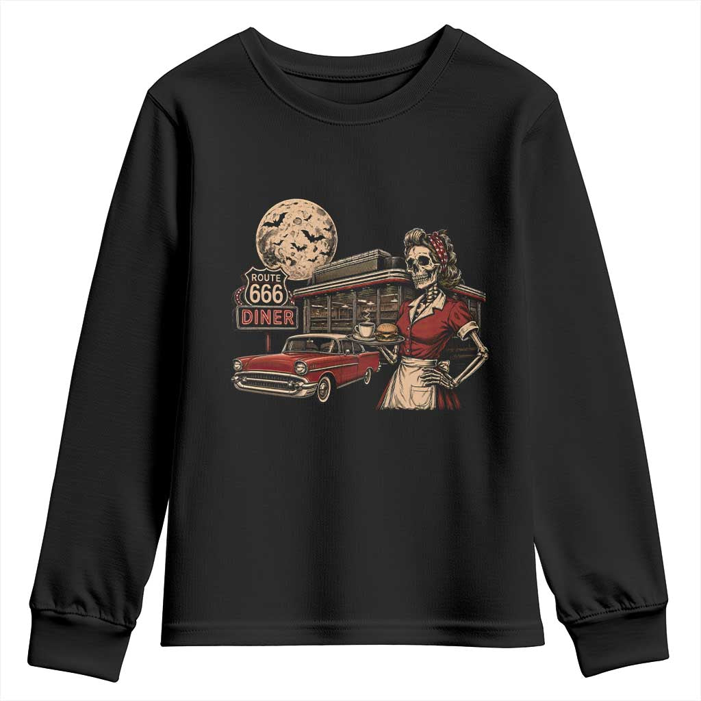 Route Highway 666 Diner Skeleton Waitress Youth Sweatshirt Vintage Spooky Halloween Road Trip