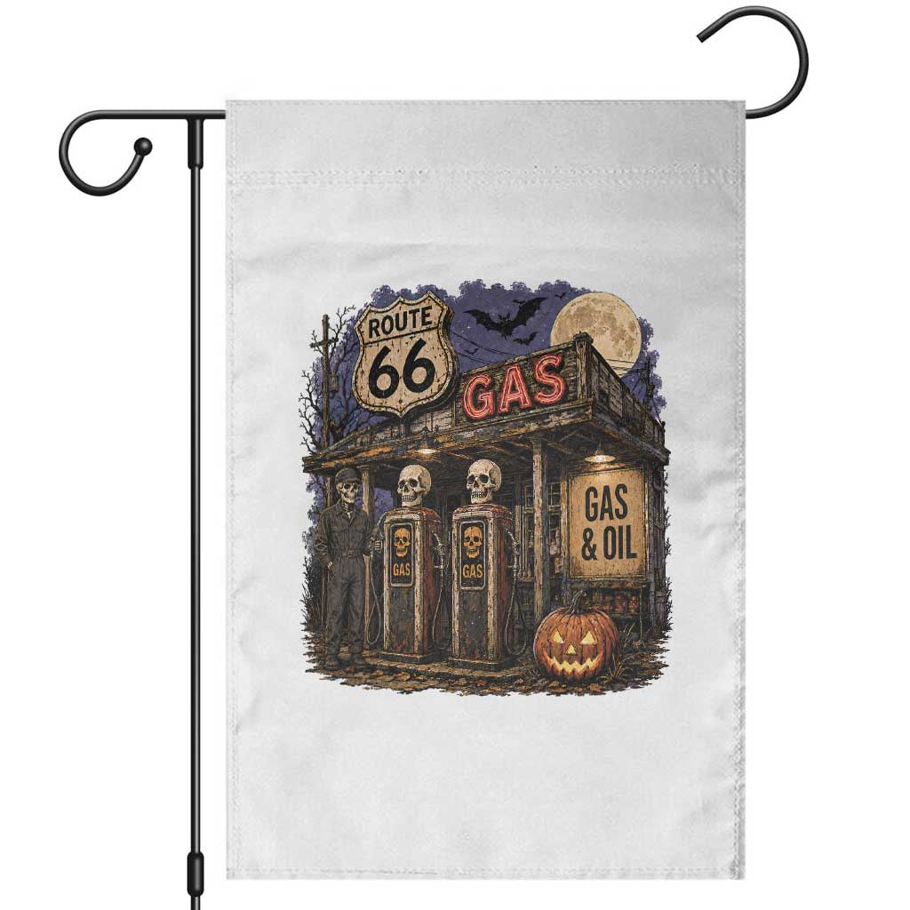 Route Highway 66 Spooky Gas Station Skeleton Garden Flag Gas Attendant Halloween Road Trip