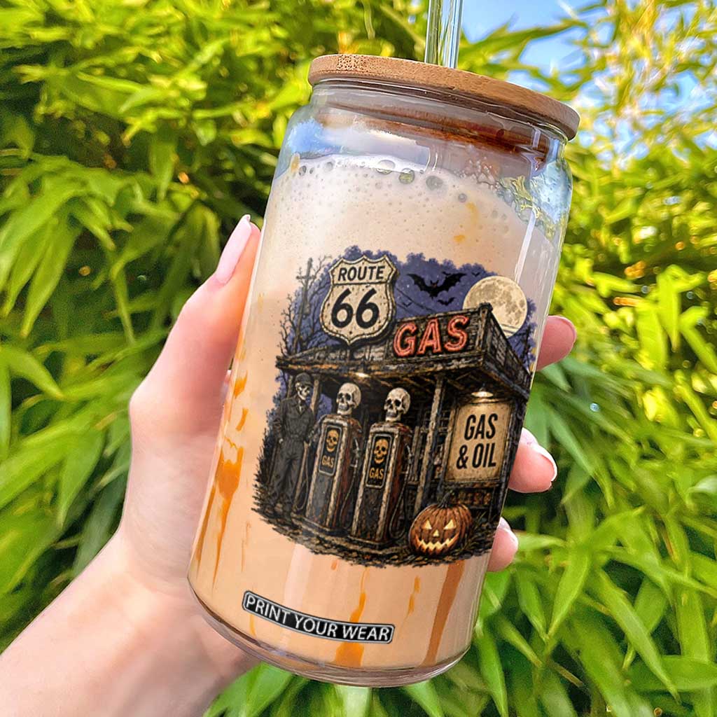 Route Highway 66 Spooky Gas Station Skeleton Glass Can Gas Attendant Halloween Road Trip