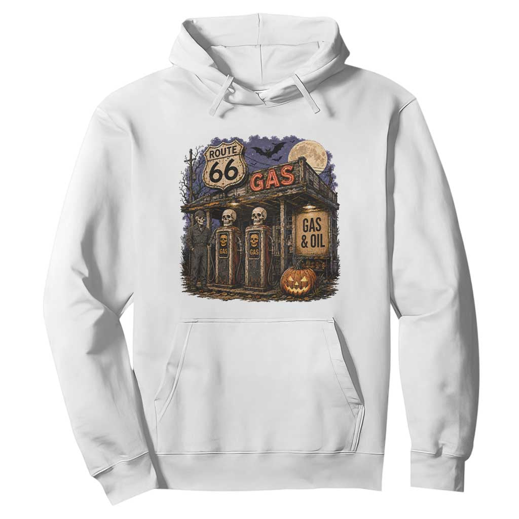 Route Highway 66 Spooky Gas Station Skeleton Hoodie Gas Attendant Halloween Road Trip