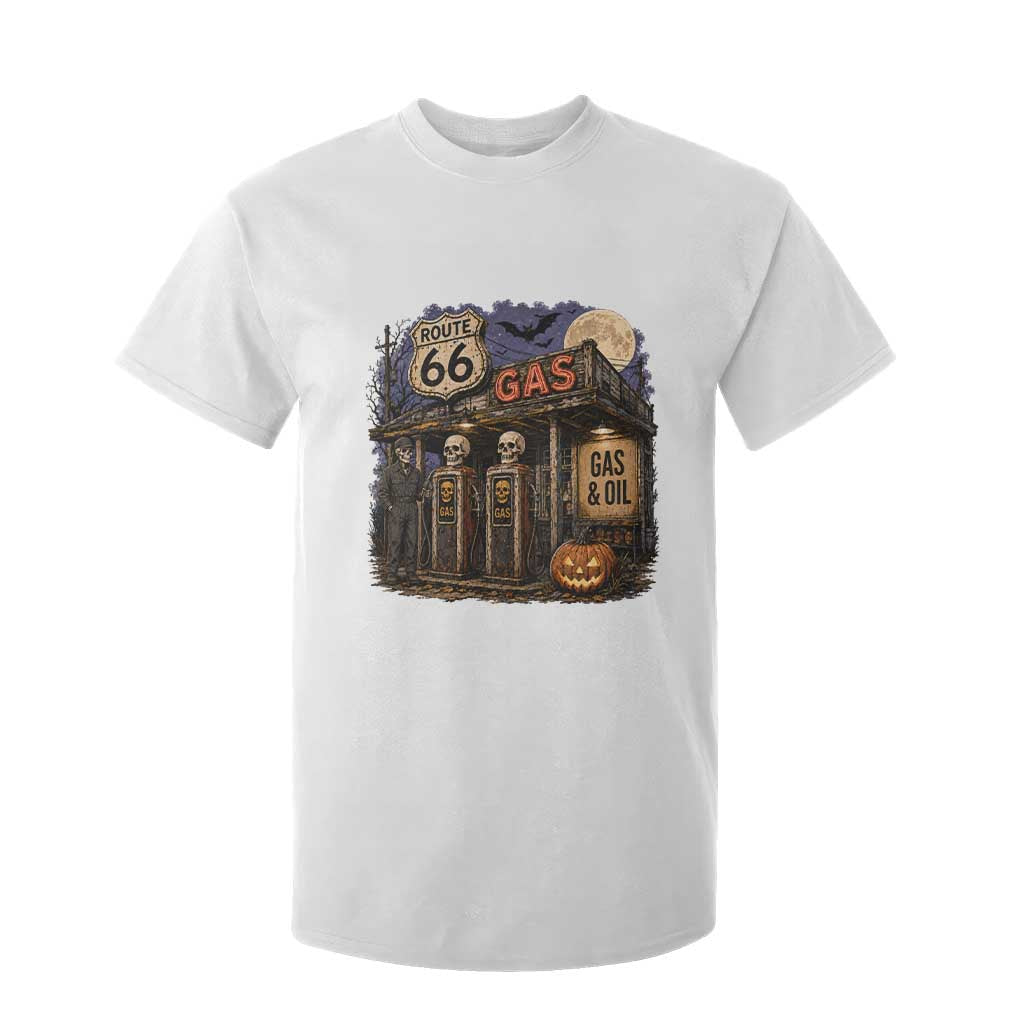 Route Highway 66 Spooky Gas Station Skeleton T Shirt For Kid Gas Attendant Halloween Road Trip