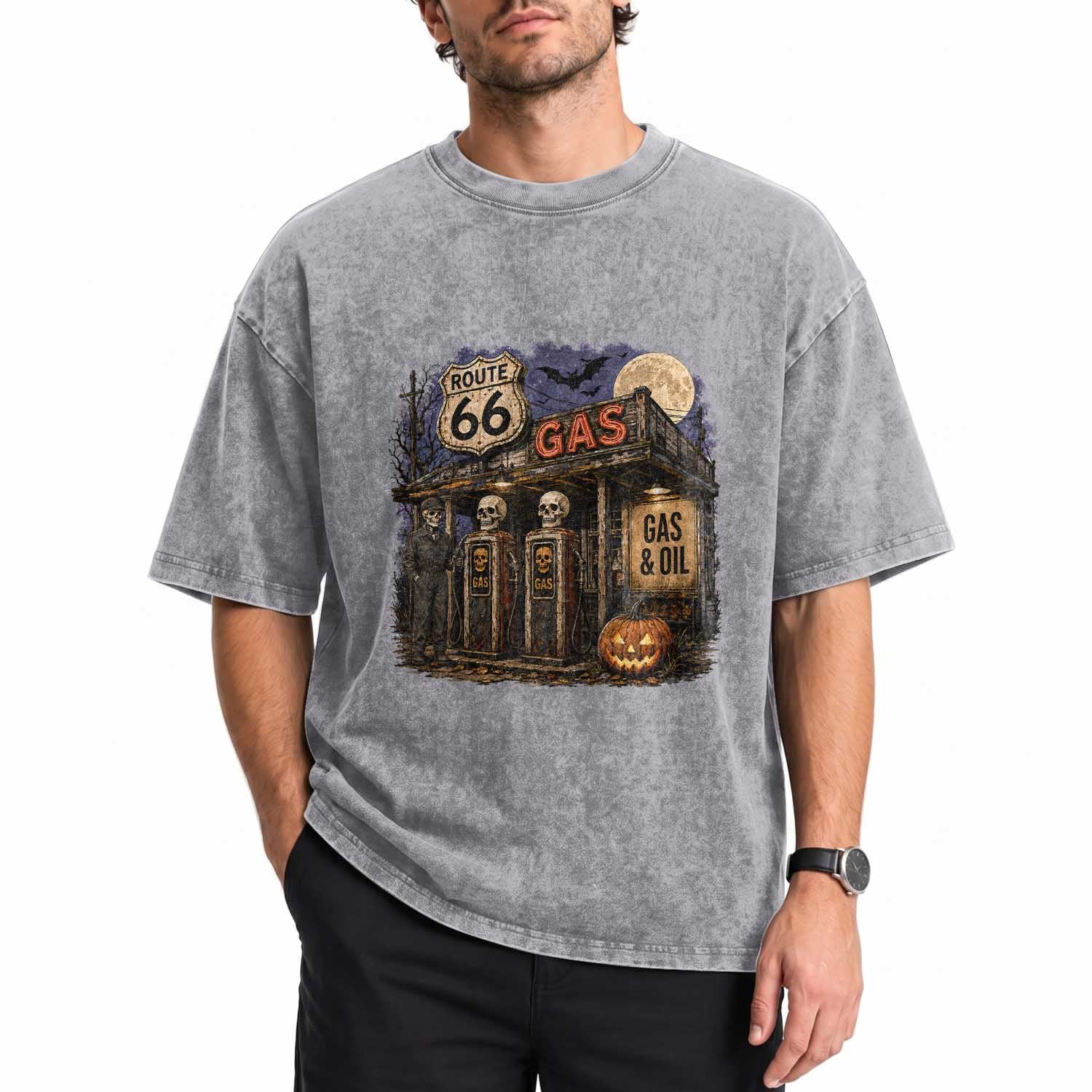 Route Highway 66 Spooky Gas Station Skeleton Washed Cotton T-Shirt Gas Attendant Halloween Road Trip