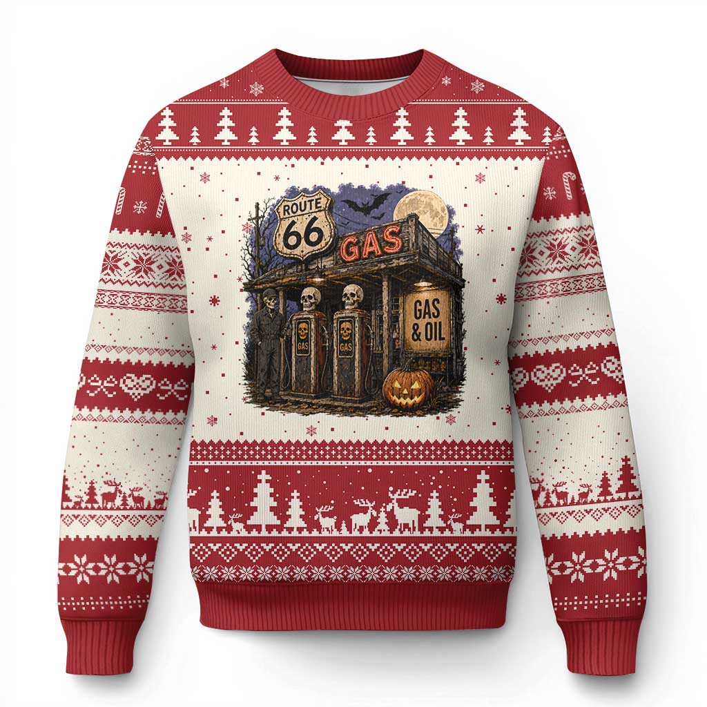 Route Highway 66 Spooky Gas Station Skeleton Ugly Christmas Sweater Gas Attendant Halloween Road Trip