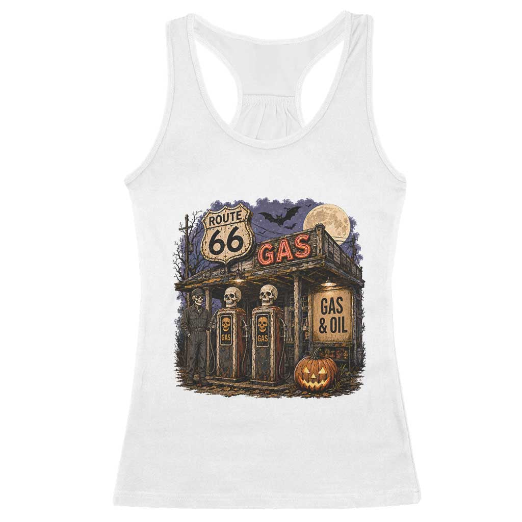 Route Highway 66 Spooky Gas Station Skeleton Racerback Tank Top Gas Attendant Halloween Road Trip