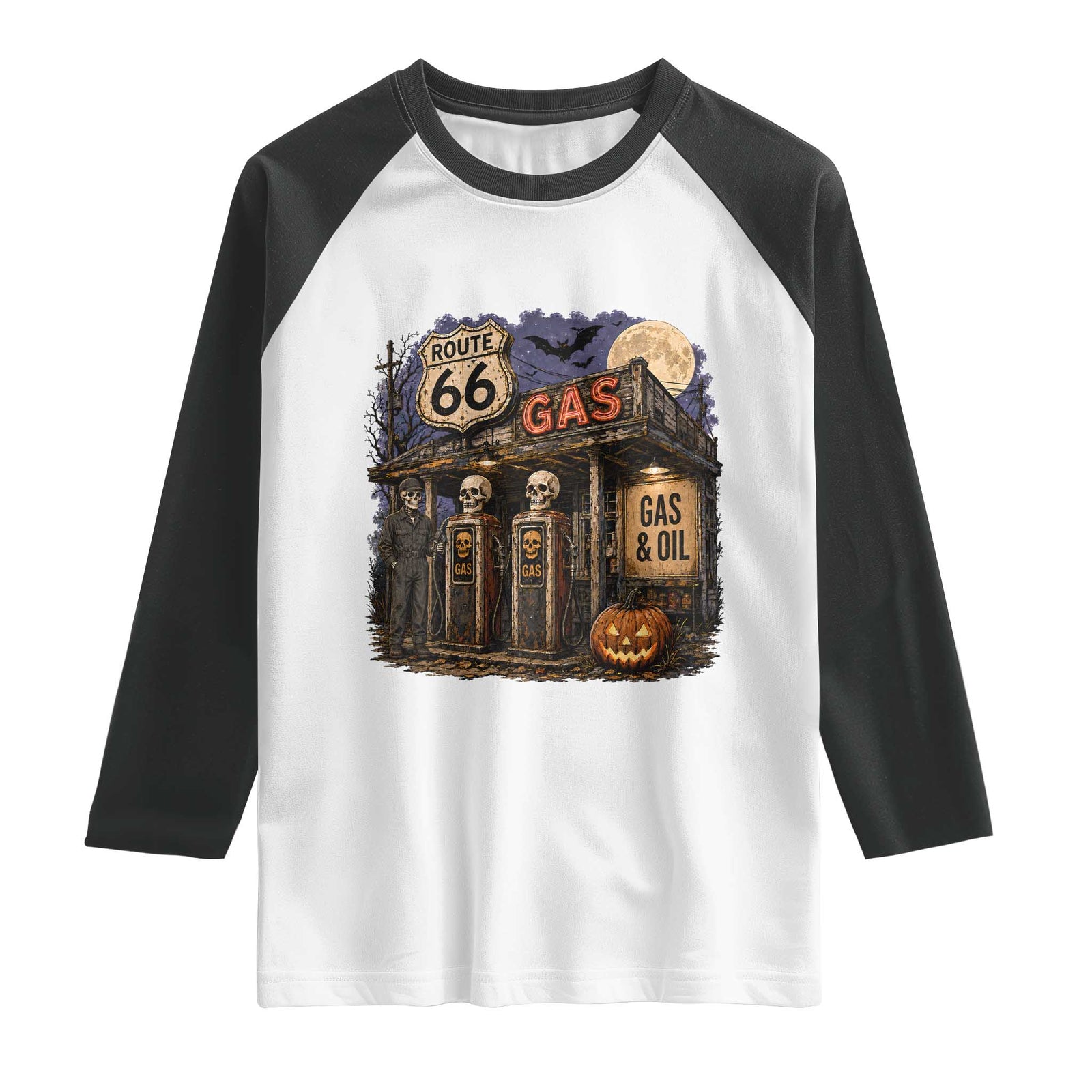 Route Highway 66 Spooky Gas Station Skeleton Raglan Shirt Gas Attendant Halloween Road Trip
