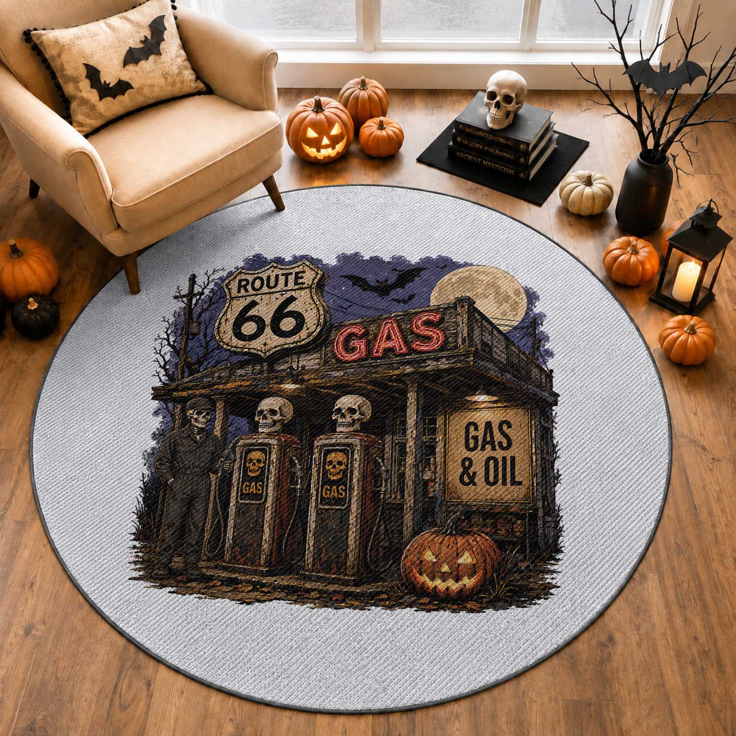 Route Highway 66 Spooky Gas Station Skeleton Round Rug Gas Attendant Halloween Road Trip