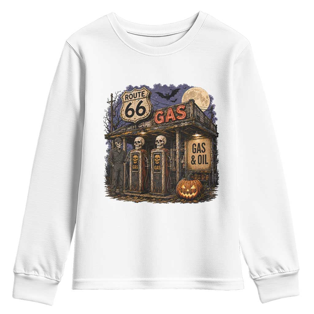 Route Highway 66 Spooky Gas Station Skeleton Youth Sweatshirt Gas Attendant Halloween Road Trip