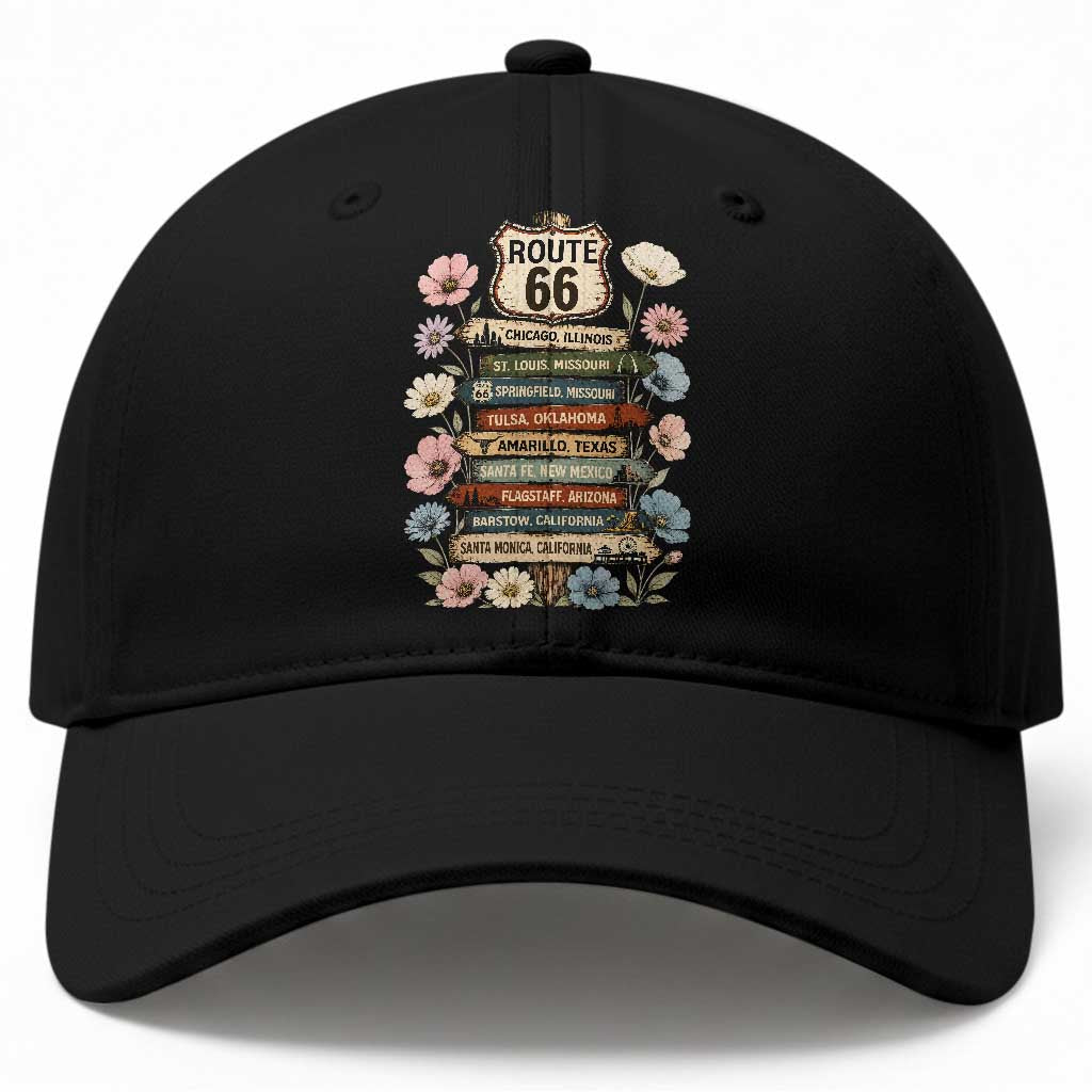 8 States Chicago To Santa Monica Road Trip Gift Baseball Cap Route Highway 66 Wildflower Sign