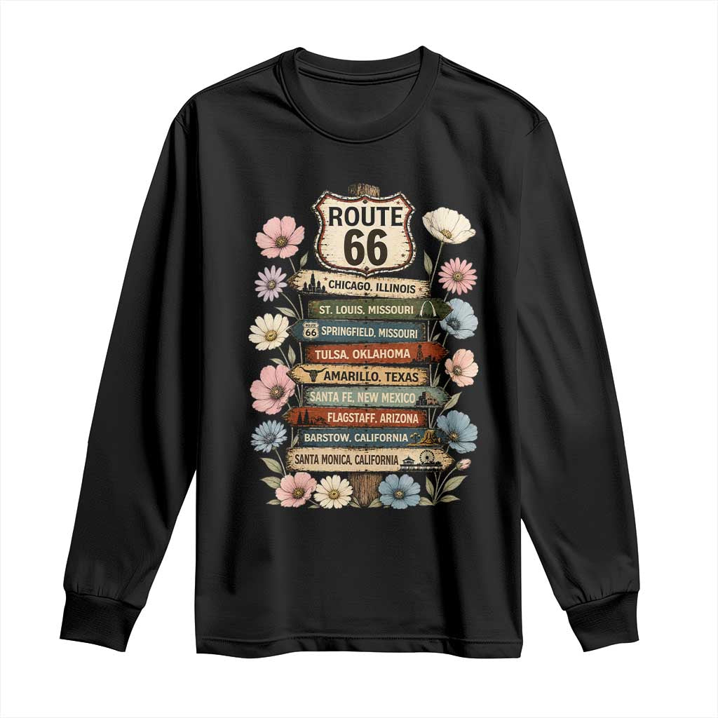 8 States Chicago To Santa Monica Road Trip Gift Long Sleeve Shirt Route Highway 66 Wildflower Sign